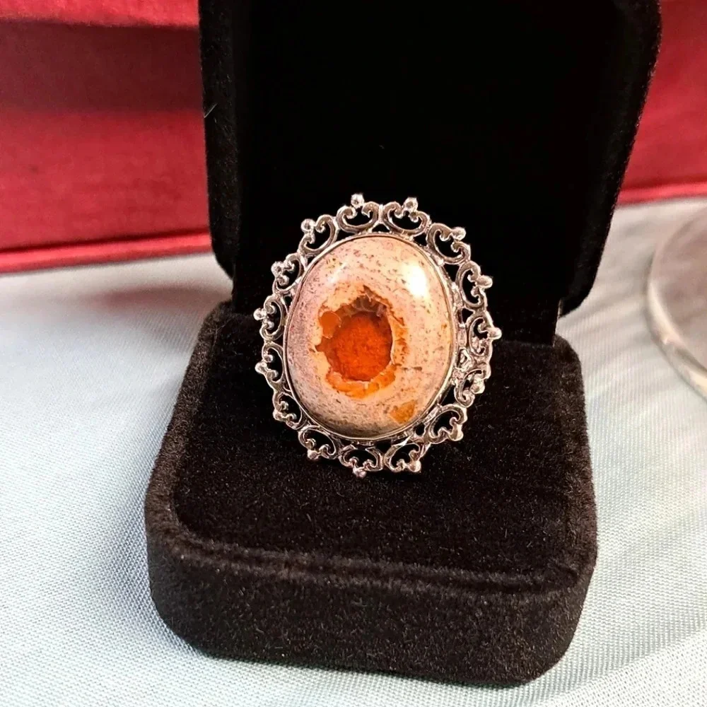 Fire Opal Matrix Large Solitaire Ring In 925 Sterling Silver.